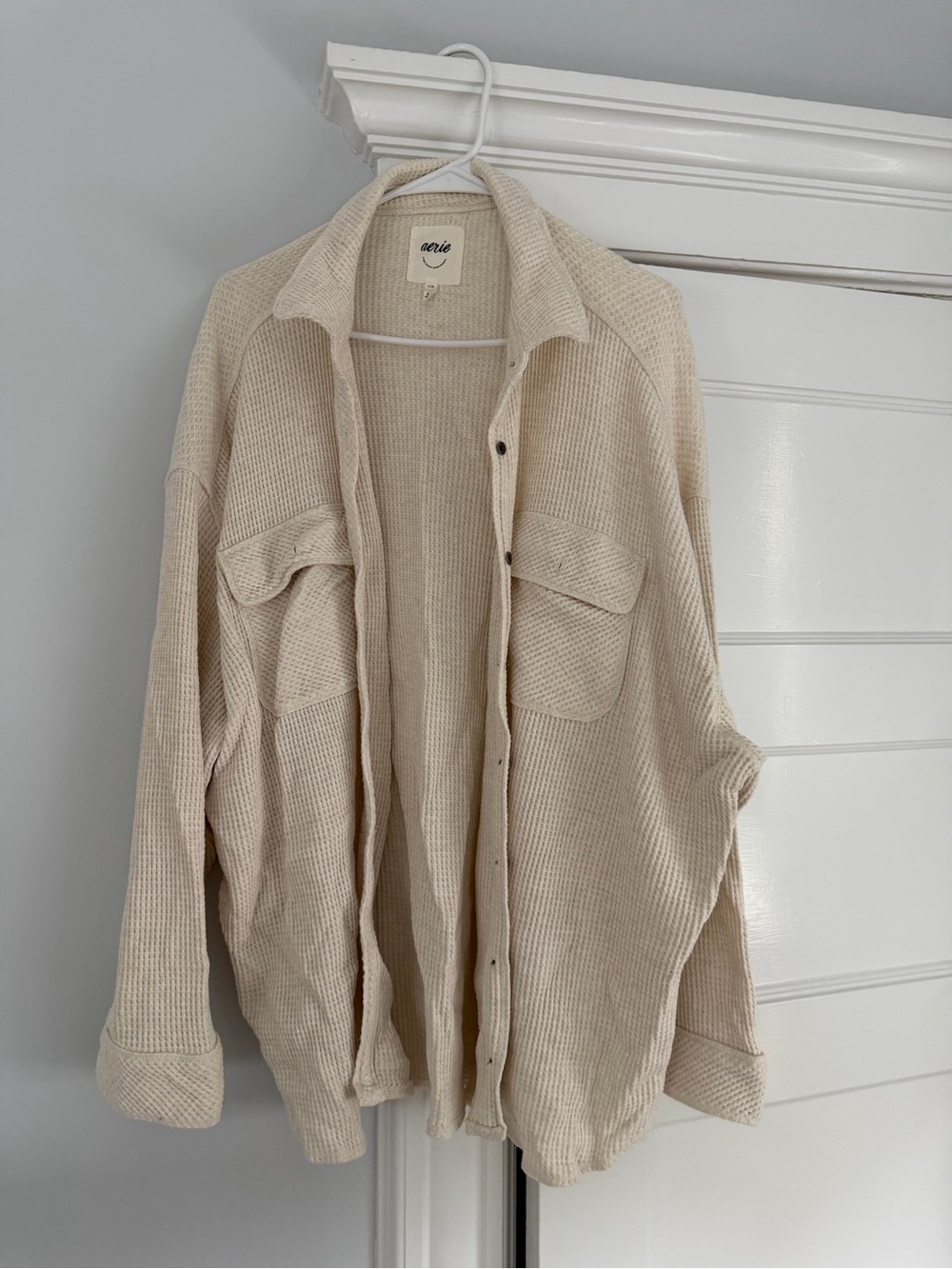 aerie Cream Knit Button-Up Overshirt with Patch Pockets